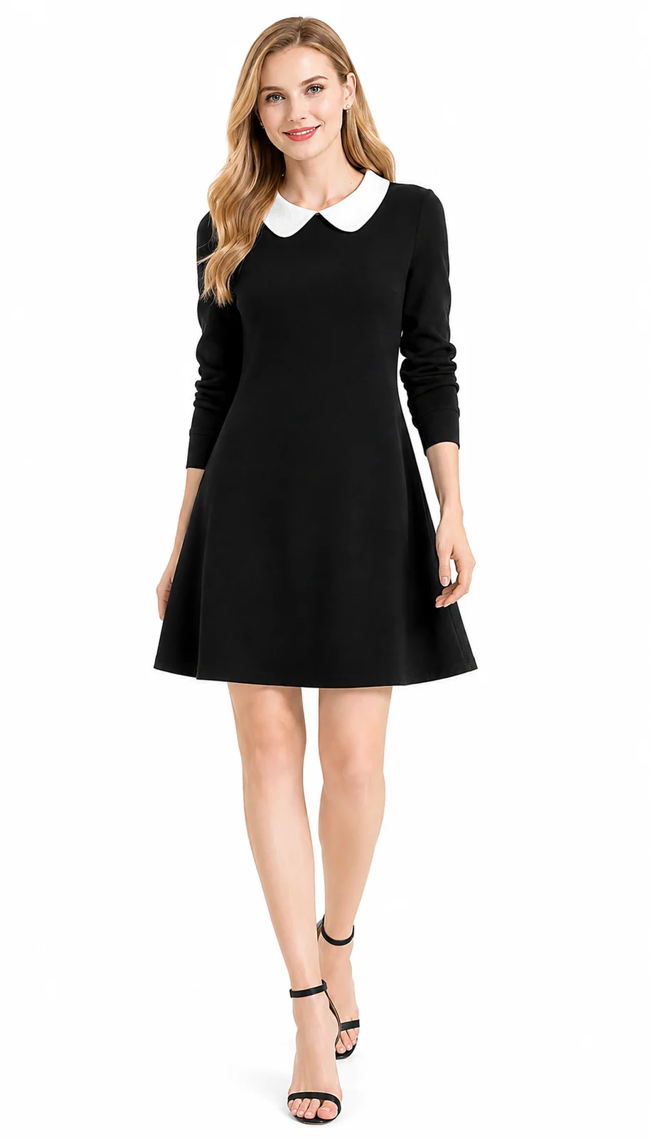 LICOLA Women's Solid Peter Pan Collar A-Line Knee Length Dress | 3/4 Sleeve Casual Party Dress