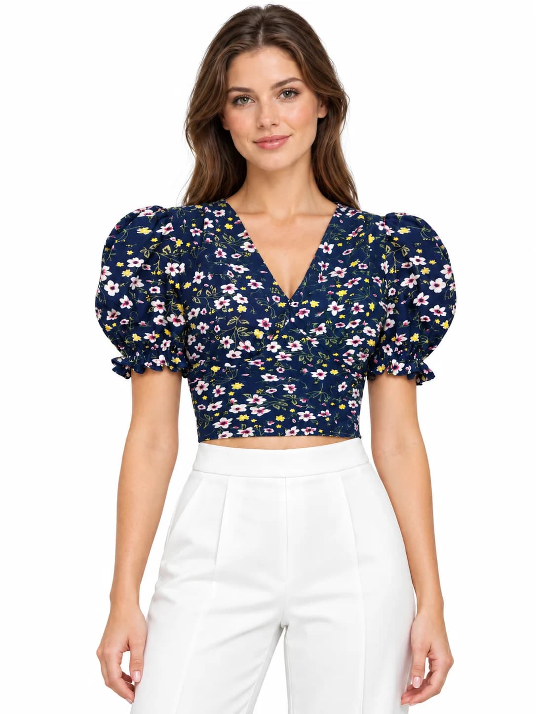 LICOLA Women's Floral Print V-Neck Puff Sleeve Tie-Back Crop Top