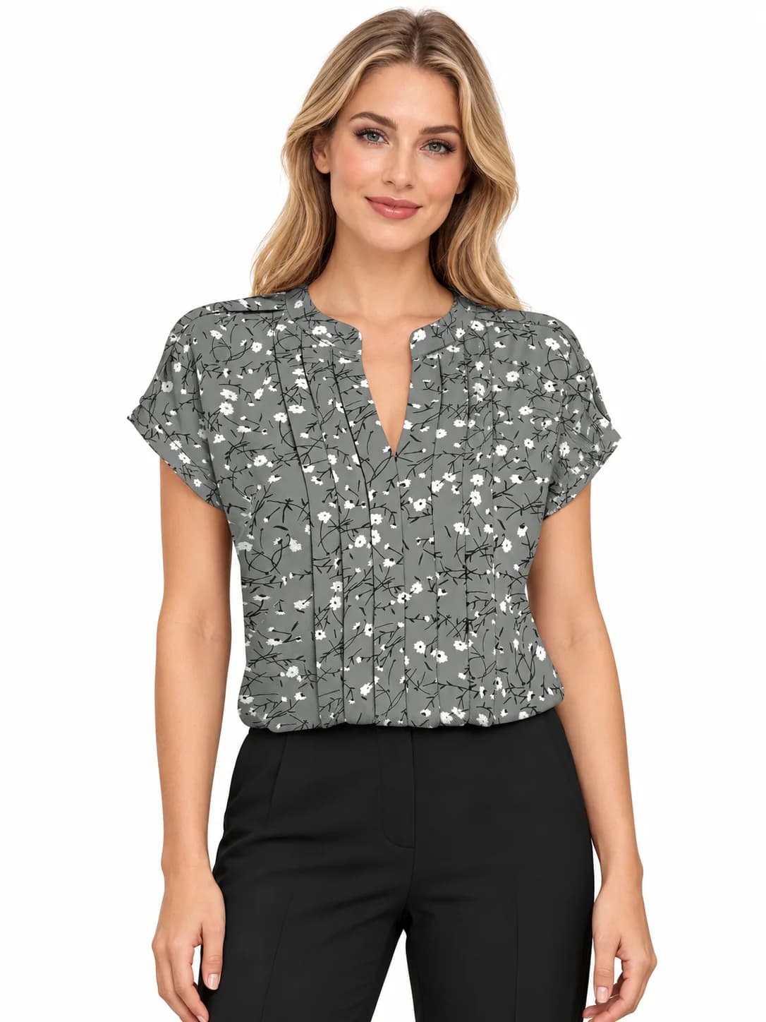 LICOLA Women's Floral Print V-Neck Regular Fit Half Sleeve Top