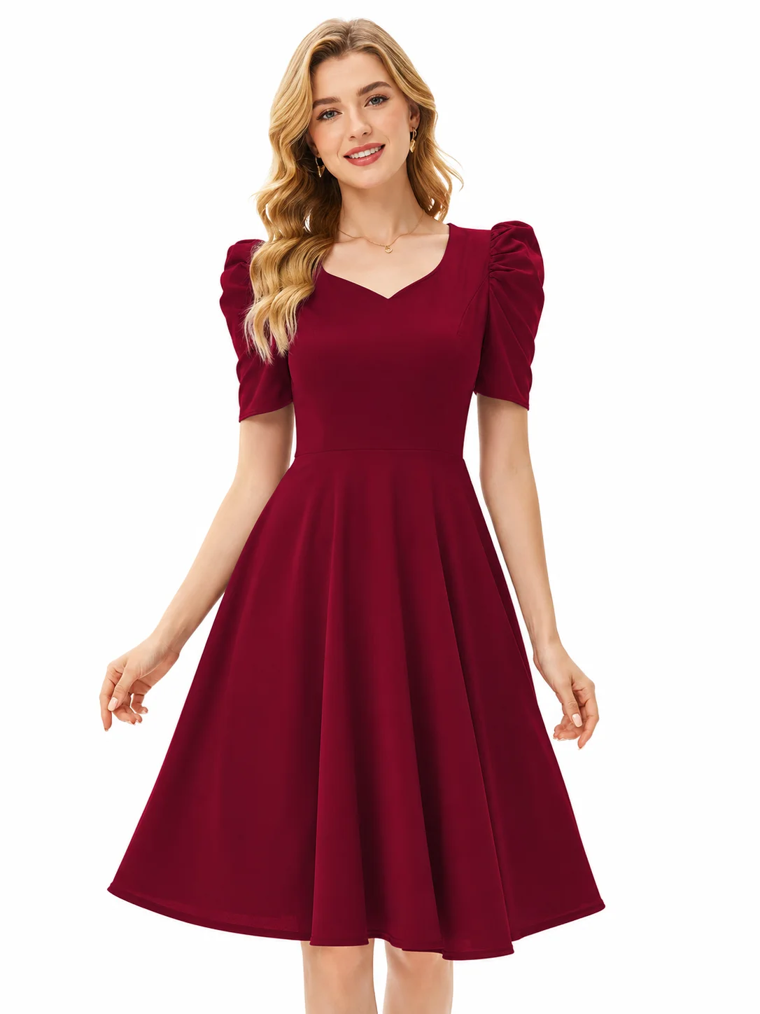 LICOLA Women's Fit & Flare Knee Length Dress | Stretchable Knitted Fabric | V-Neck | Cap Sleeve | Solid Casual & Party Dress