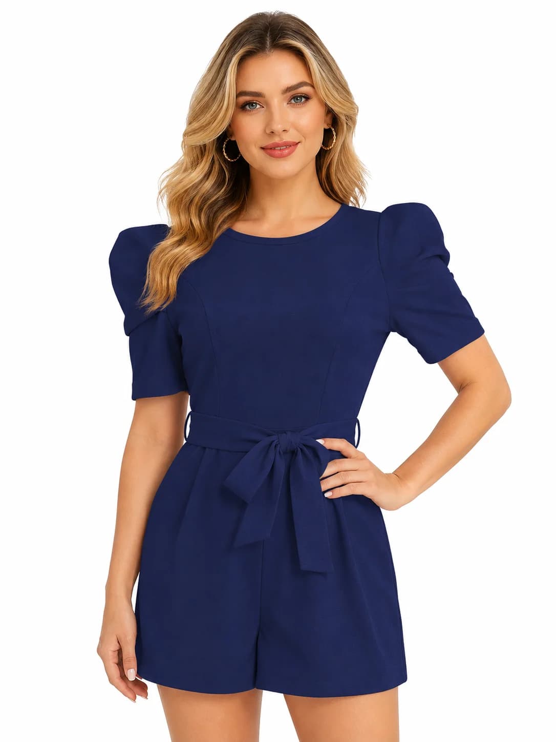 LICOLA Women's Round Neck Puff Sleeve Stretchable Knitted Short Jumpsuit