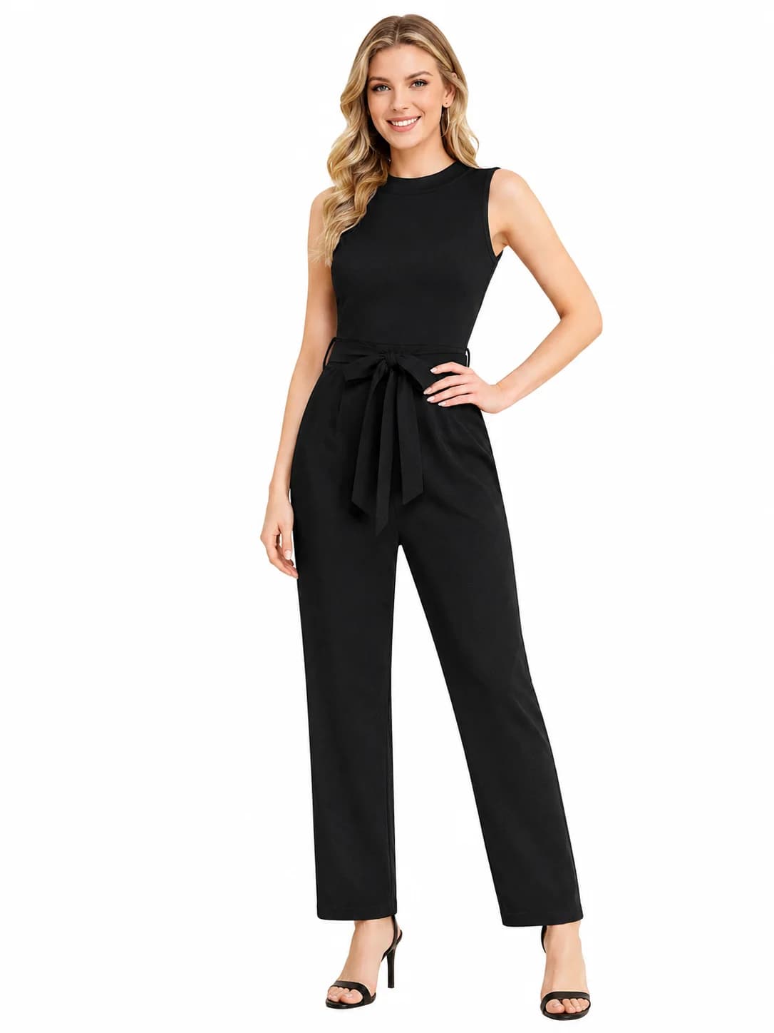LICOLA Women’s Sleeveless Round Neck Solid Jumpsuit with Waist Tie Belt