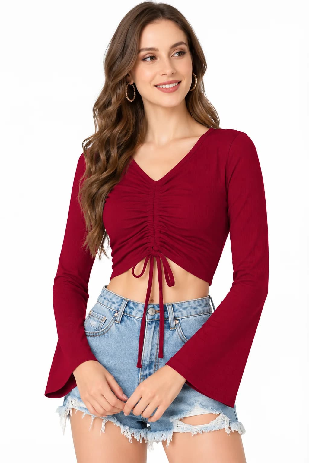 LICOLA Women's Ruched V-Neck Bell Sleeve Solid Crop Top