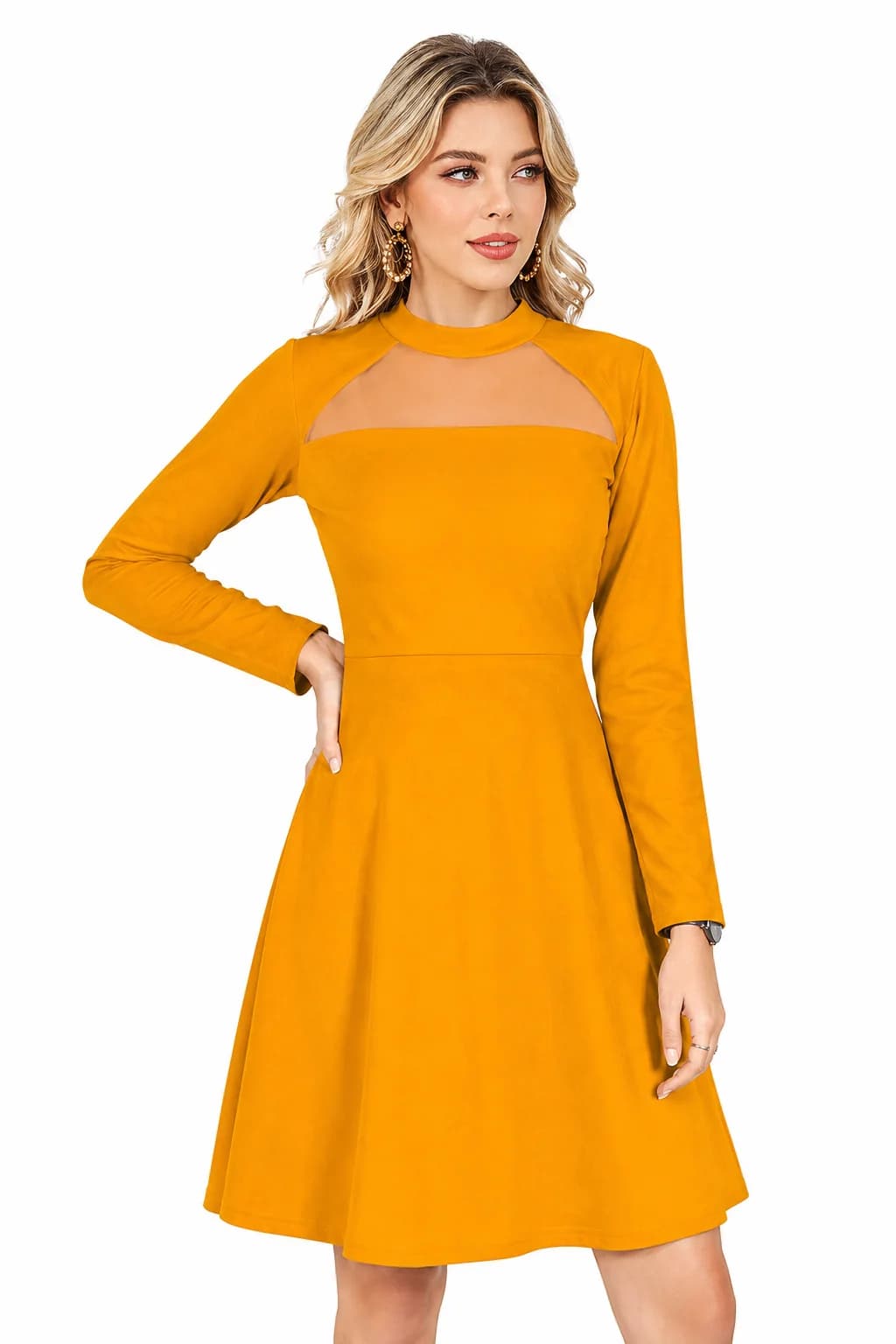 LICOLA Women's Fit & Flare Knee Length Dress | Round Neck | Full Sleeve | Stretchable Knitted Dress Black