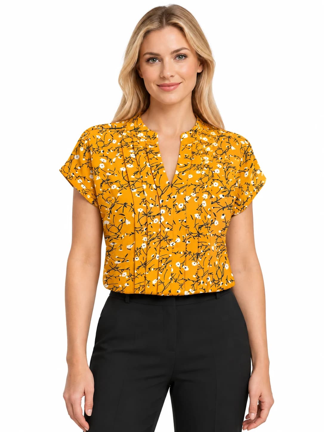 LICOLA Women's Floral Print V-Neck Regular Fit Half Sleeve Top