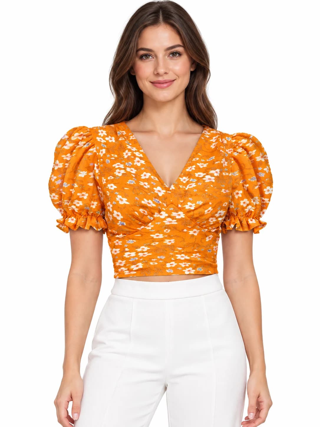 LICOLA Women's Floral Print V-Neck Puff Sleeve Tie-Back Crop Top
