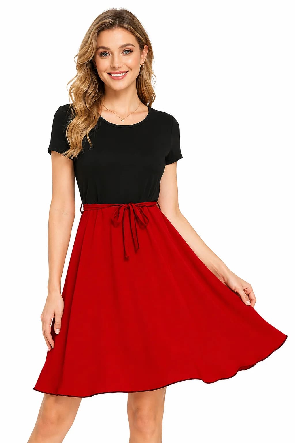 LICOLA Women's Round Neck Cap Sleeve Fit & Flare Knee Length Dress