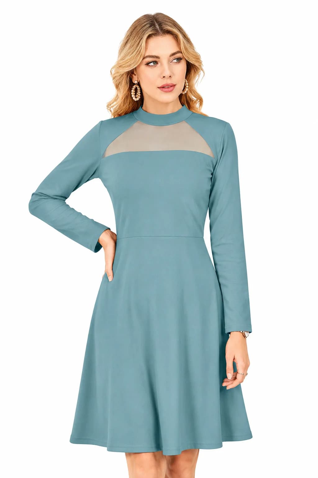 LICOLA Women's Fit & Flare Knee Length Dress | Round Neck | Full Sleeve | Stretchable Knitted Dress Black