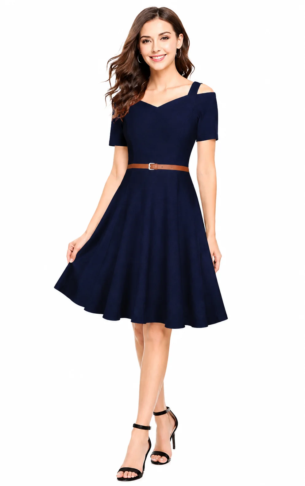 LICOLA Women's Fit & Flare V Neck Knee Length Dress with Belt