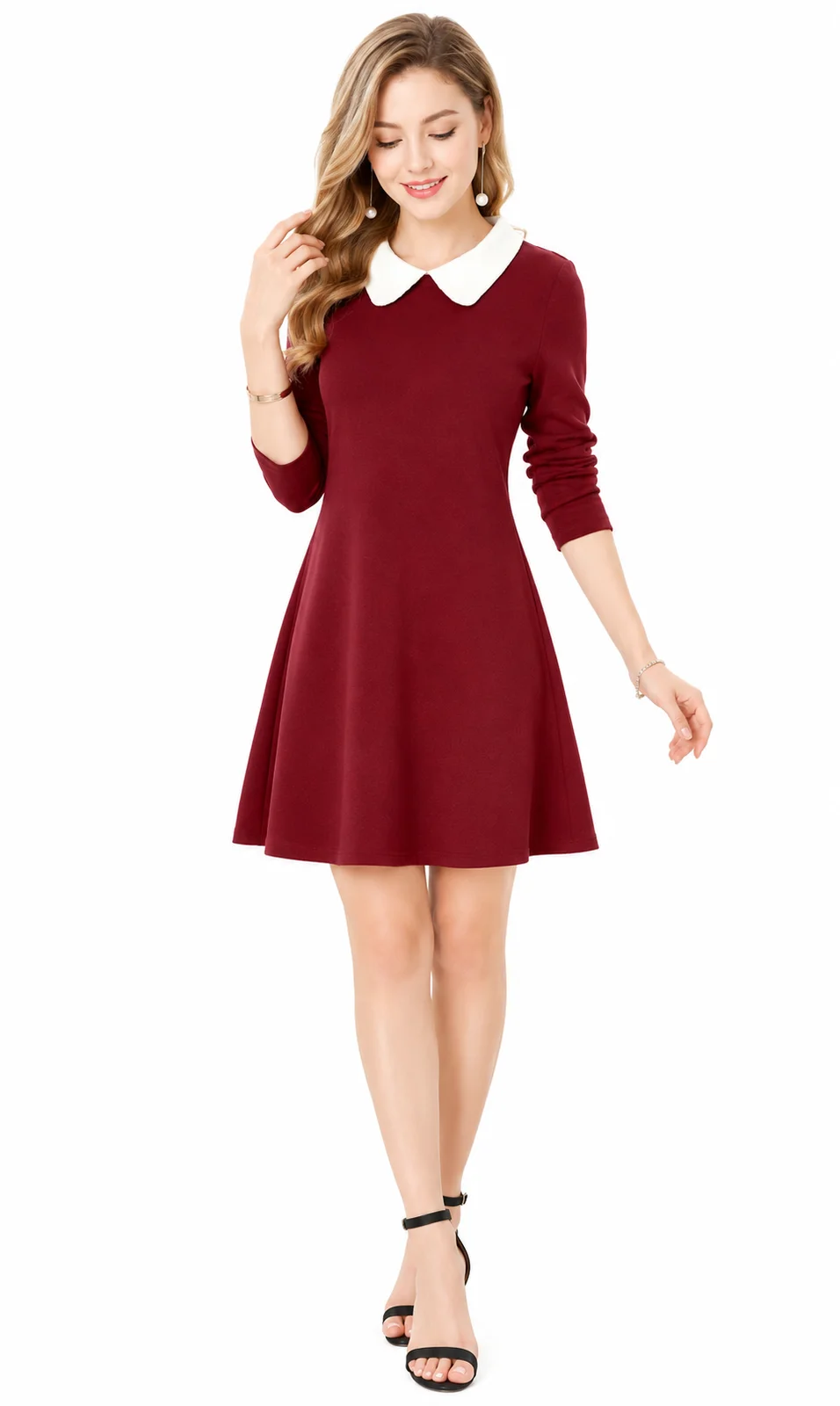 LICOLA Women's Solid Peter Pan Collar A-Line Knee Length Dress | 3/4 Sleeve Casual Party Dress