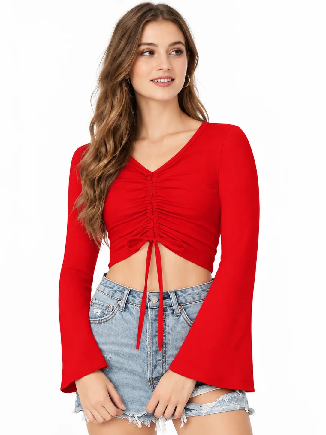 LICOLA Women's Ruched V-Neck Bell Sleeve Solid Crop Top