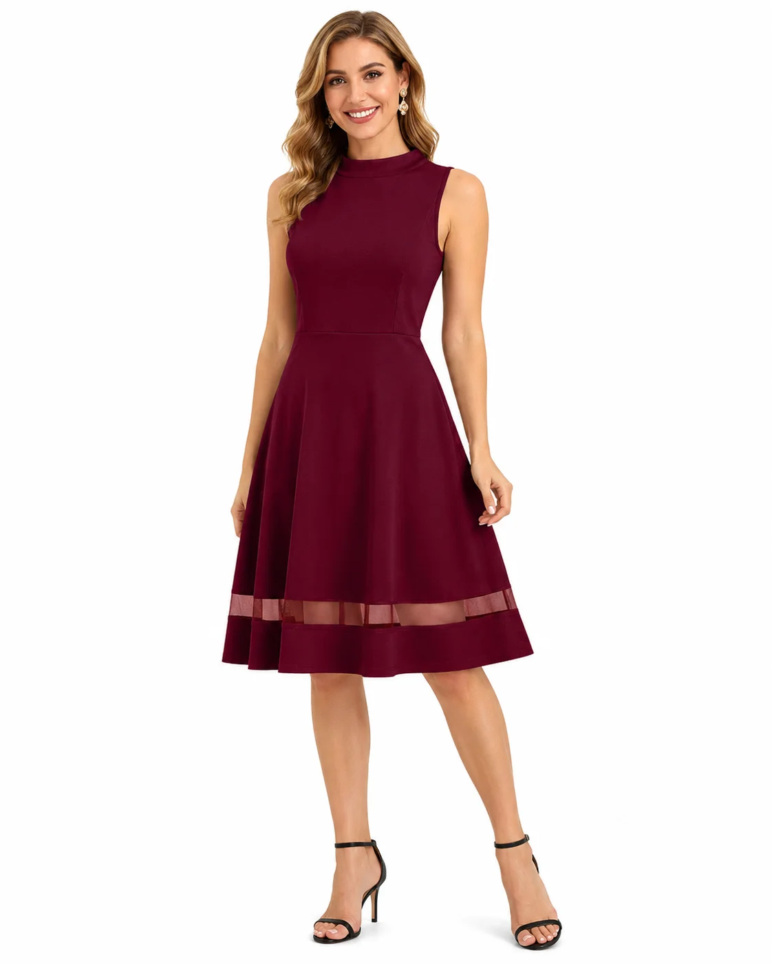 LICOLA Women's Solid Maroon Fit & Flare Knee Length Dress