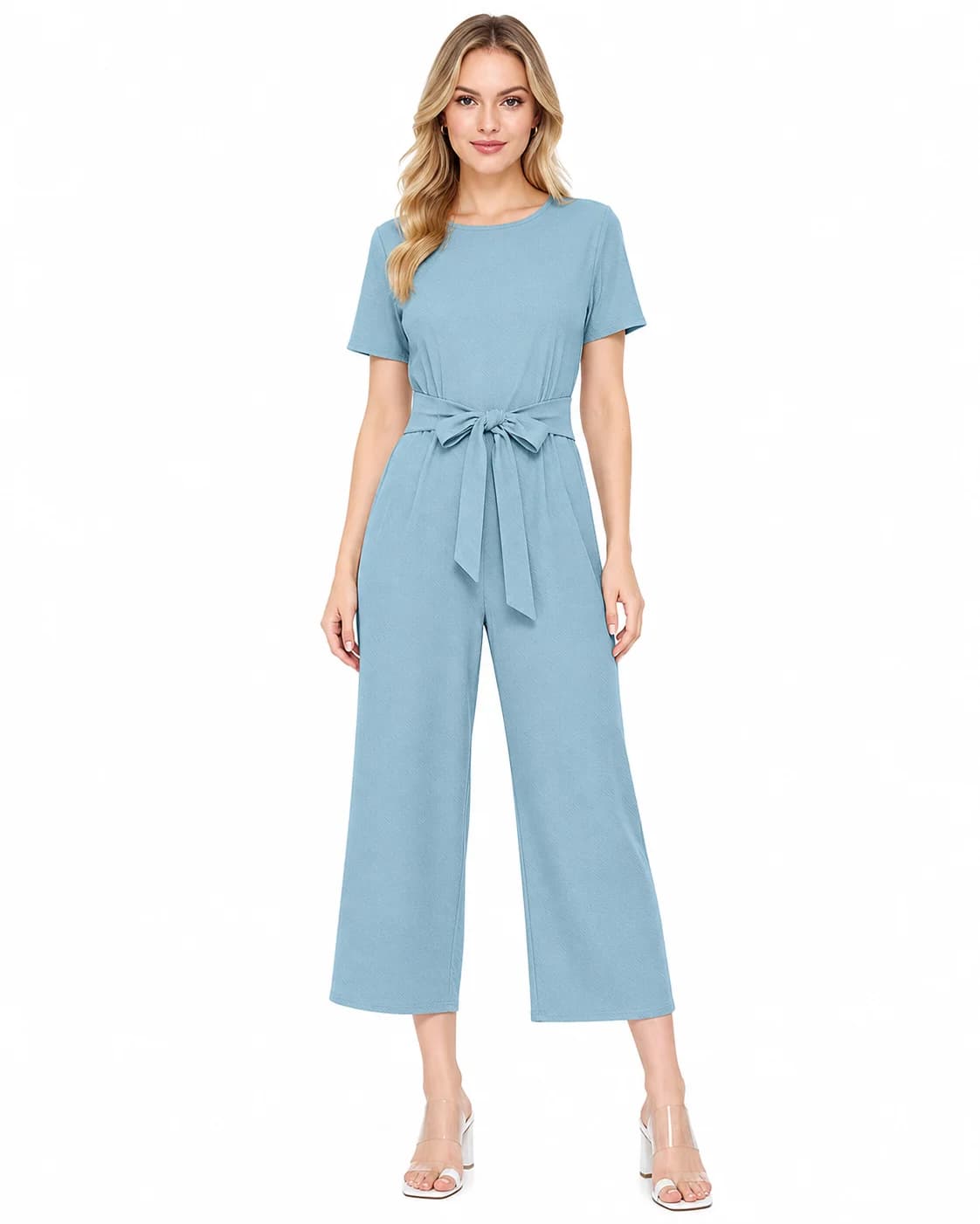 LICOLA Women's Solid Knit Tie Waist Jumpsuit, Round Neck Cap Sleeves