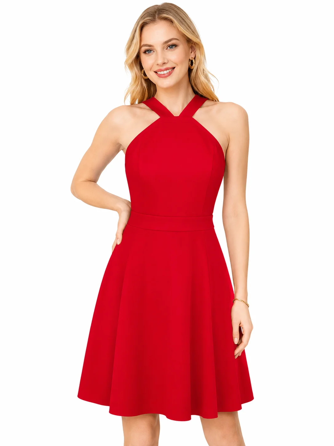LICOLA Women’s Halter Neck Sleeveless Fit & Flare Knee-Length Dress