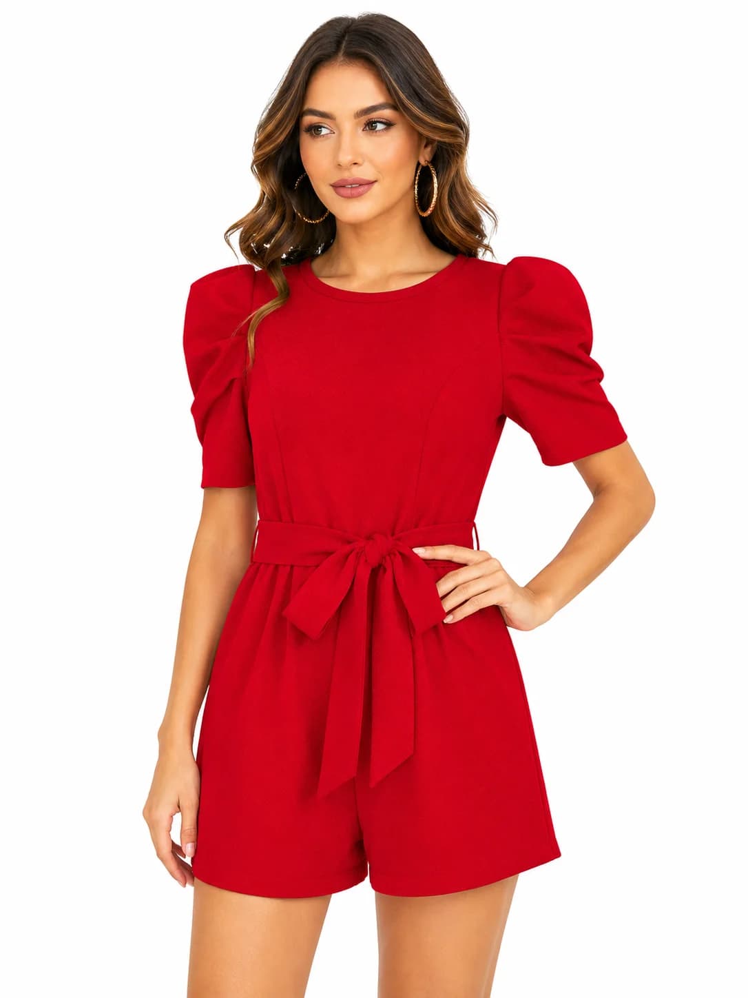 LICOLA Women's Round Neck Puff Sleeve Stretchable Knitted Short Jumpsuit