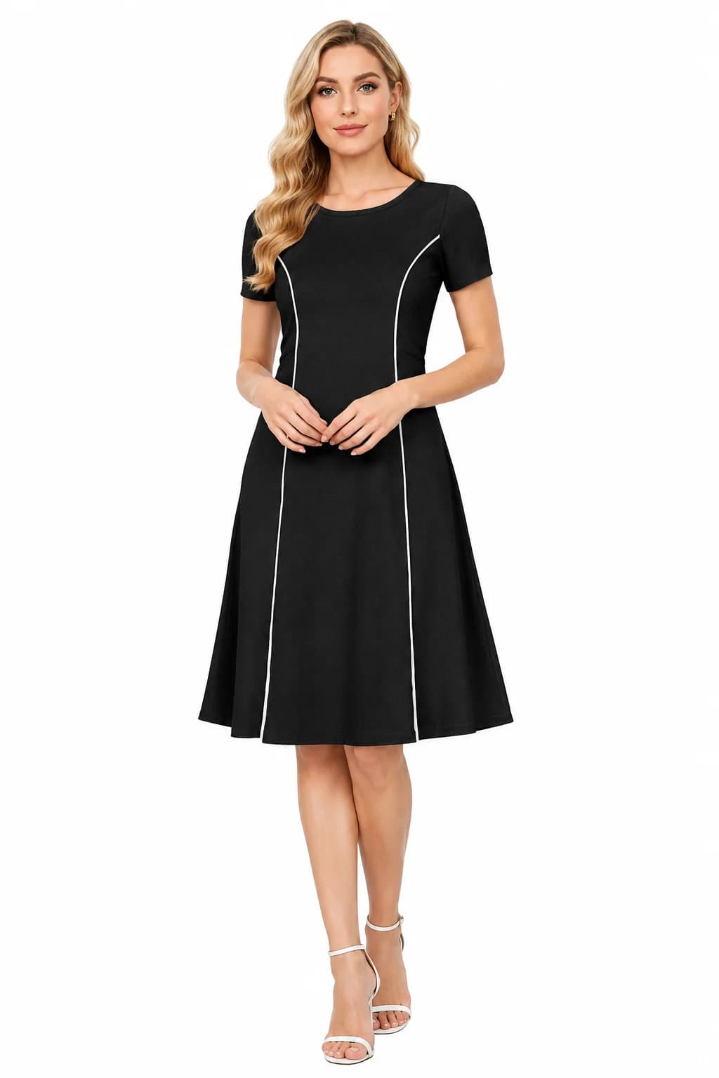 LICOLA Women’s Solid Round Neck Cap Sleeve Stretchable Knitted Knee Length A-Line Dress with Contrast Piping, Pull-On Western Dress for Casual...