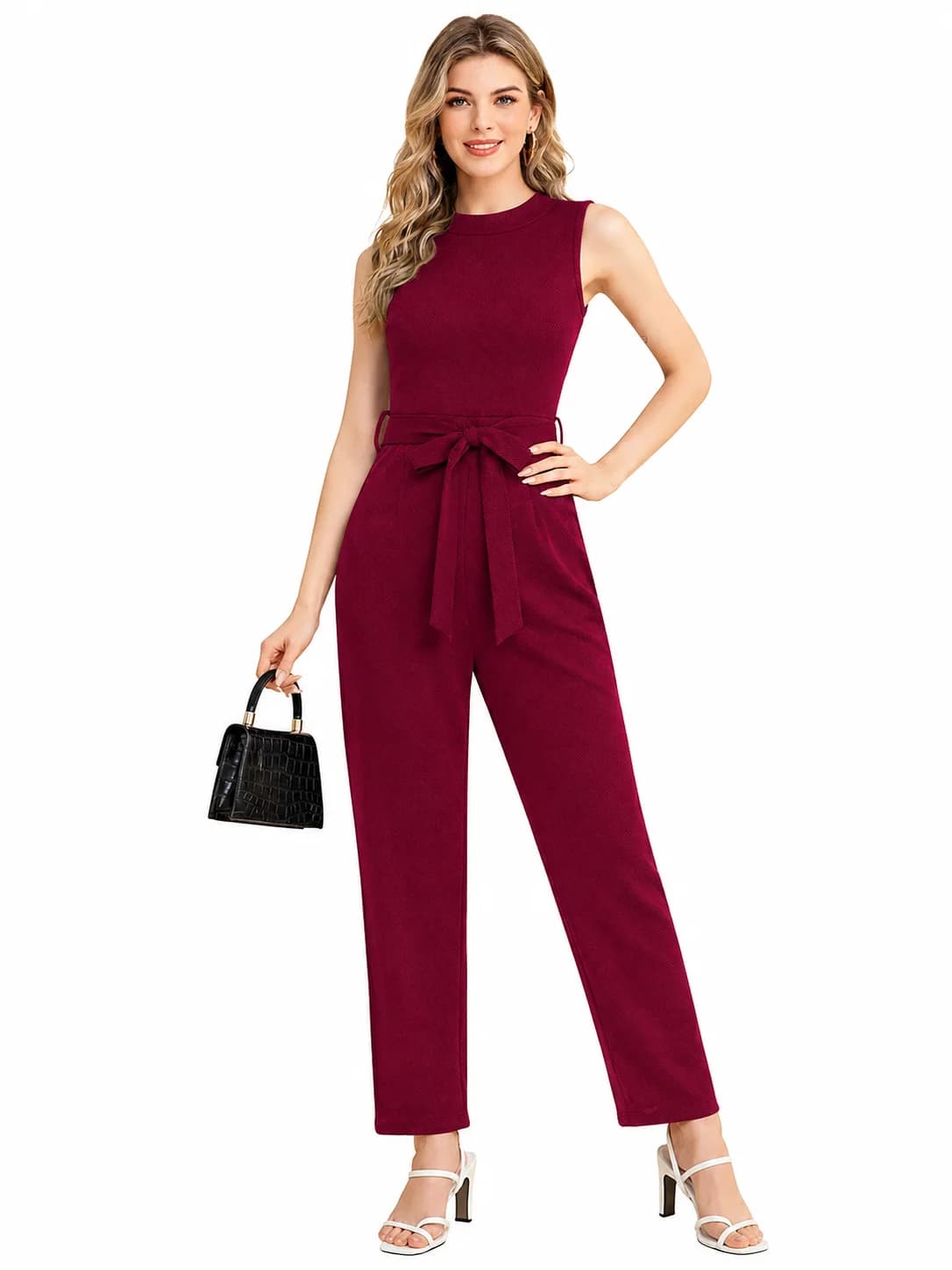 LICOLA Women’s Sleeveless Round Neck Solid Jumpsuit with Waist Tie Belt