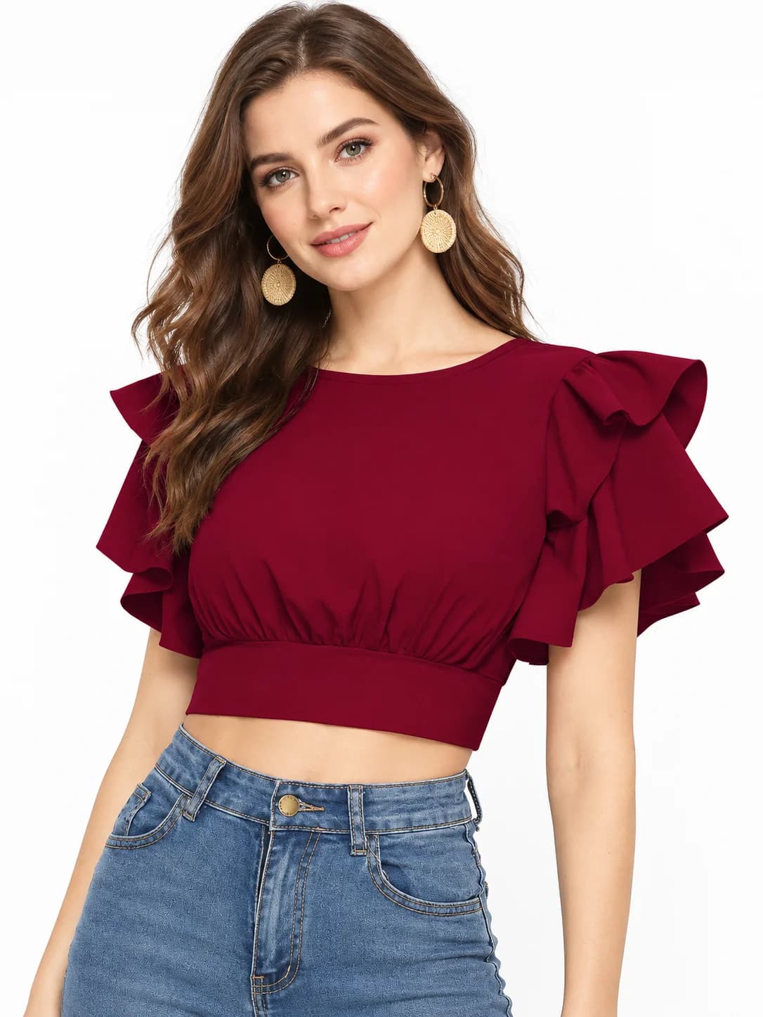 LICOLA Women's Solid Polyester Ruffle Bell Sleeve Crop Top, Round Neck
