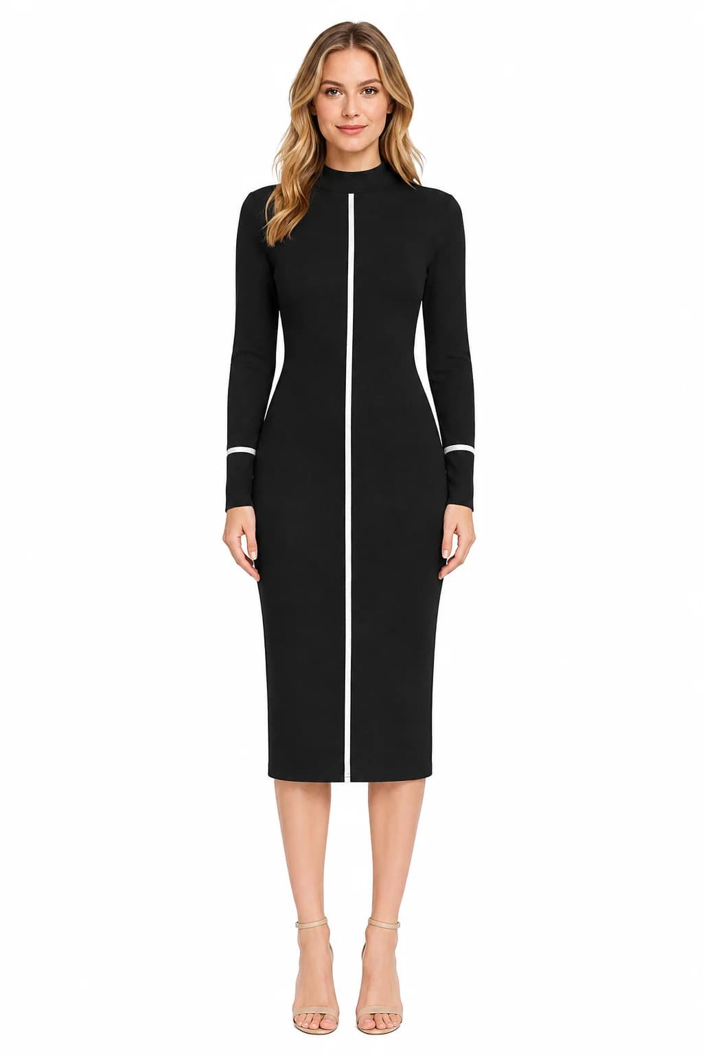 LICOLA Women's Black Bodycon Knee Length Dress with Full Sleeves
