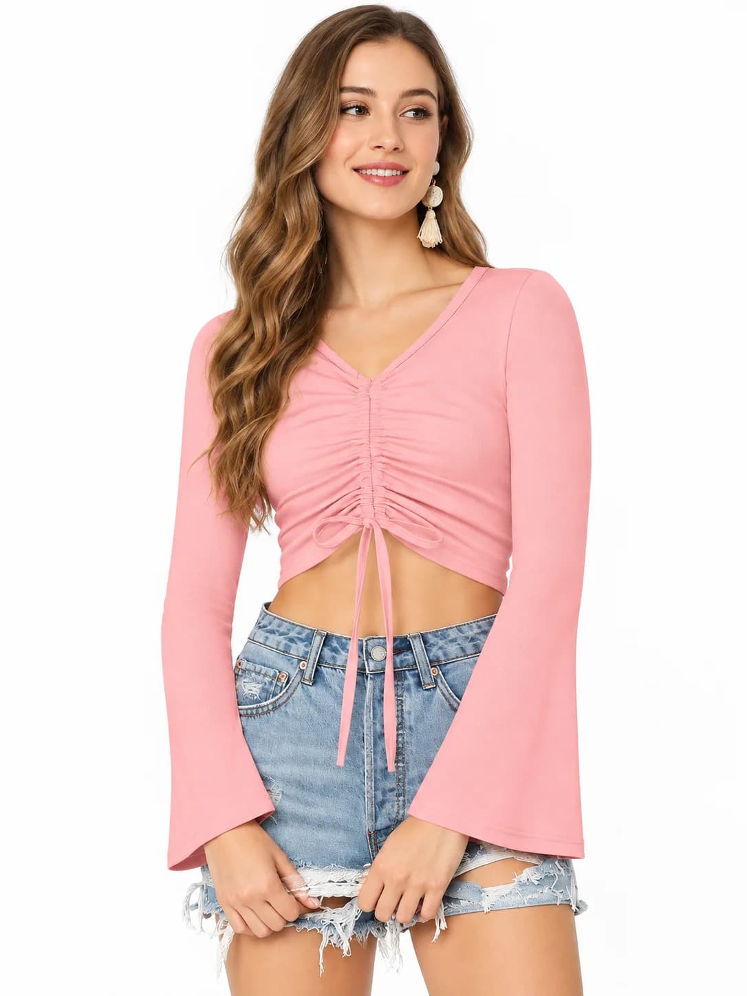 LICOLA Women's Ruched V-Neck Bell Sleeve Solid Crop Top