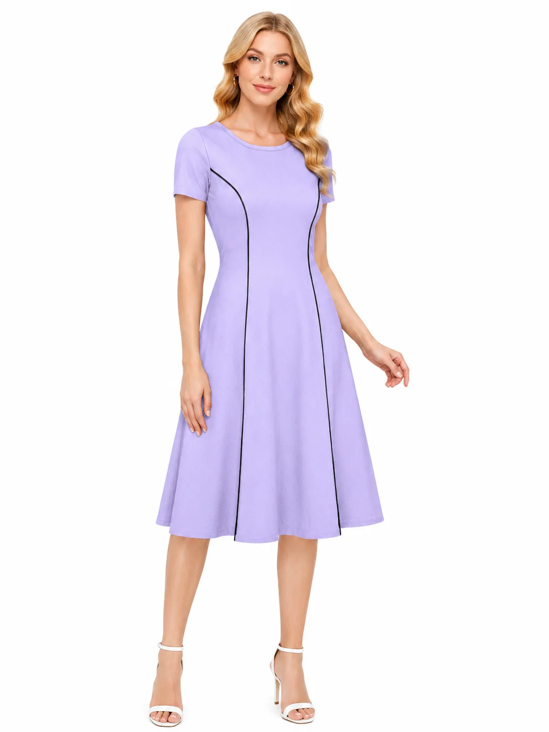 LICOLA Women’s Solid Round Neck Cap Sleeve Stretchable Knitted Knee Length A-Line Dress with Contrast Piping, Pull-On Western Dress for Casual...