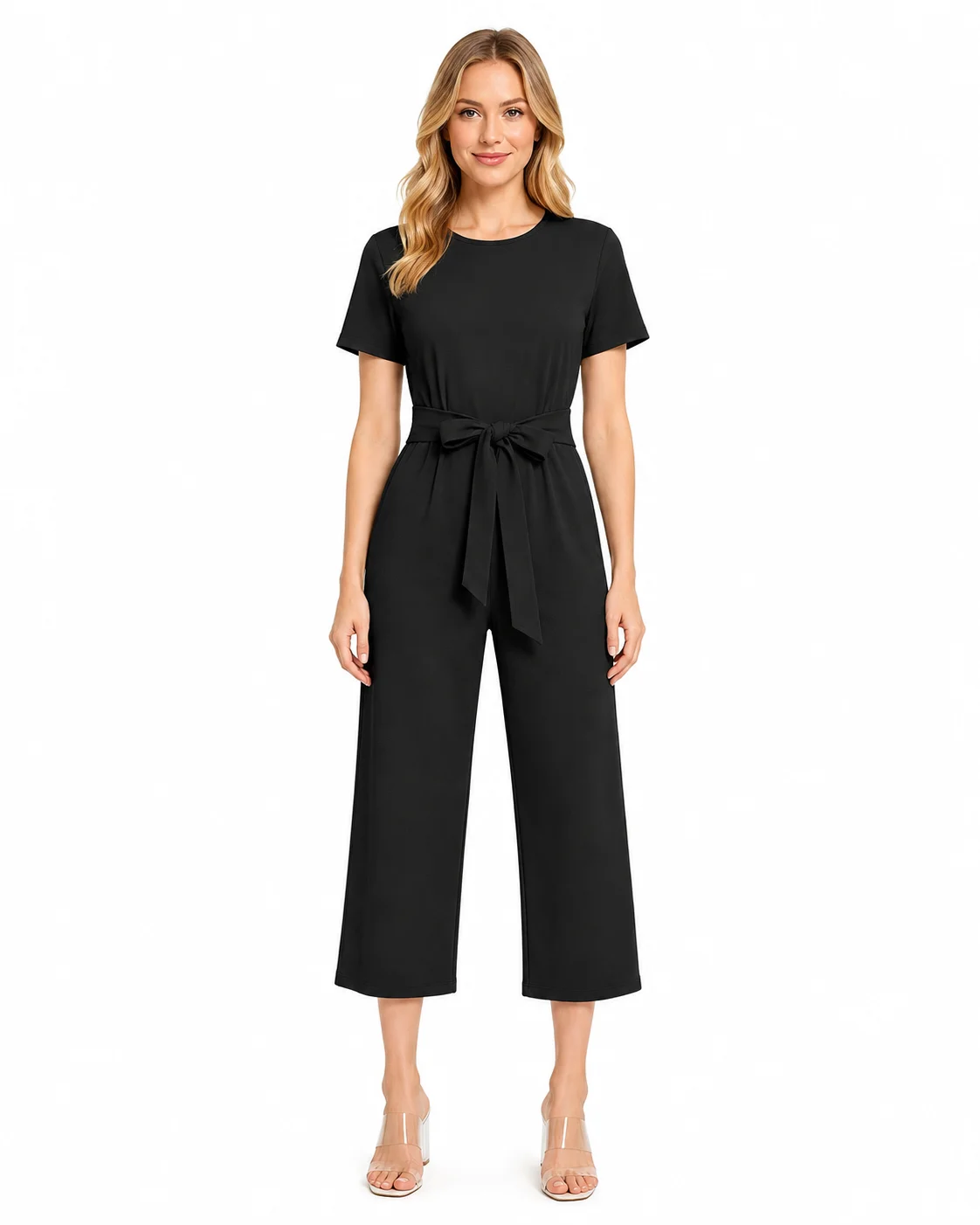 LICOLA Women's Solid Knit Tie Waist Jumpsuit, Round Neck Cap Sleeves