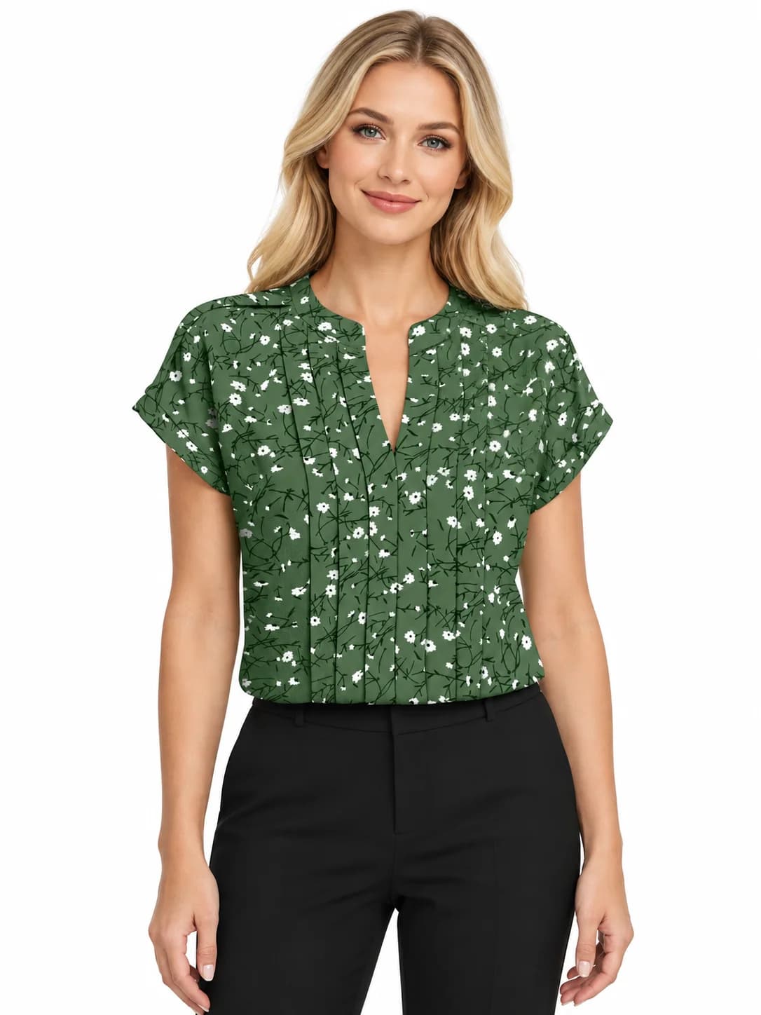 LICOLA Women's Floral Print V-Neck Regular Fit Half Sleeve Top