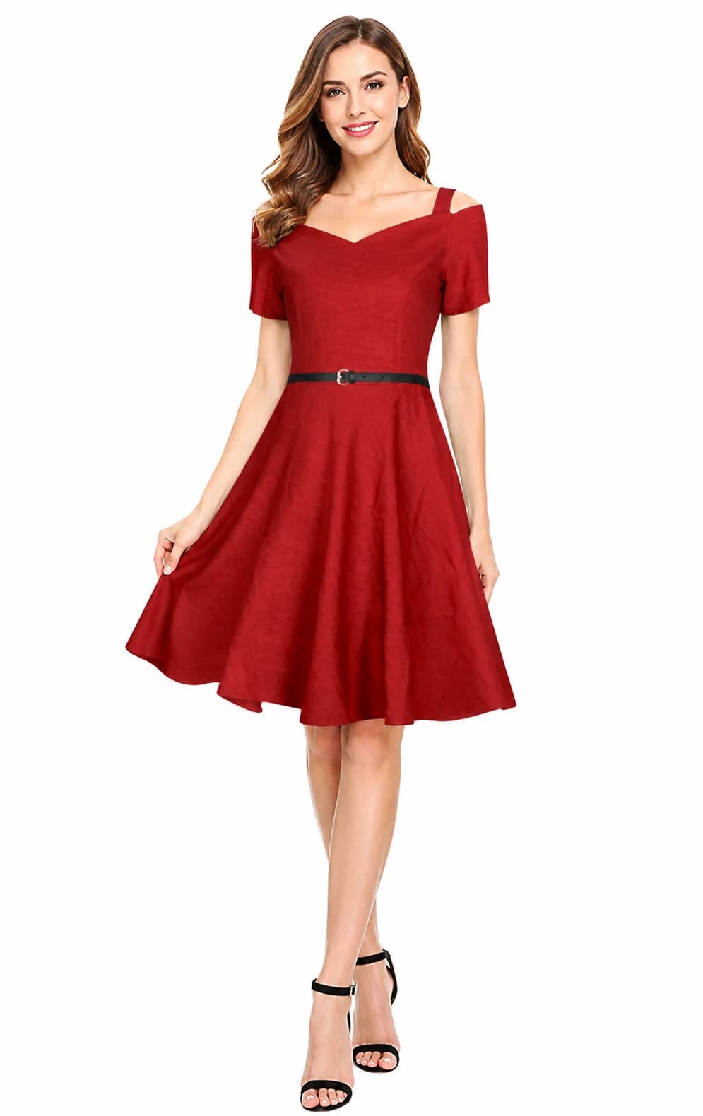 LICOLA Women's Fit & Flare V Neck Knee Length Dress with Belt
