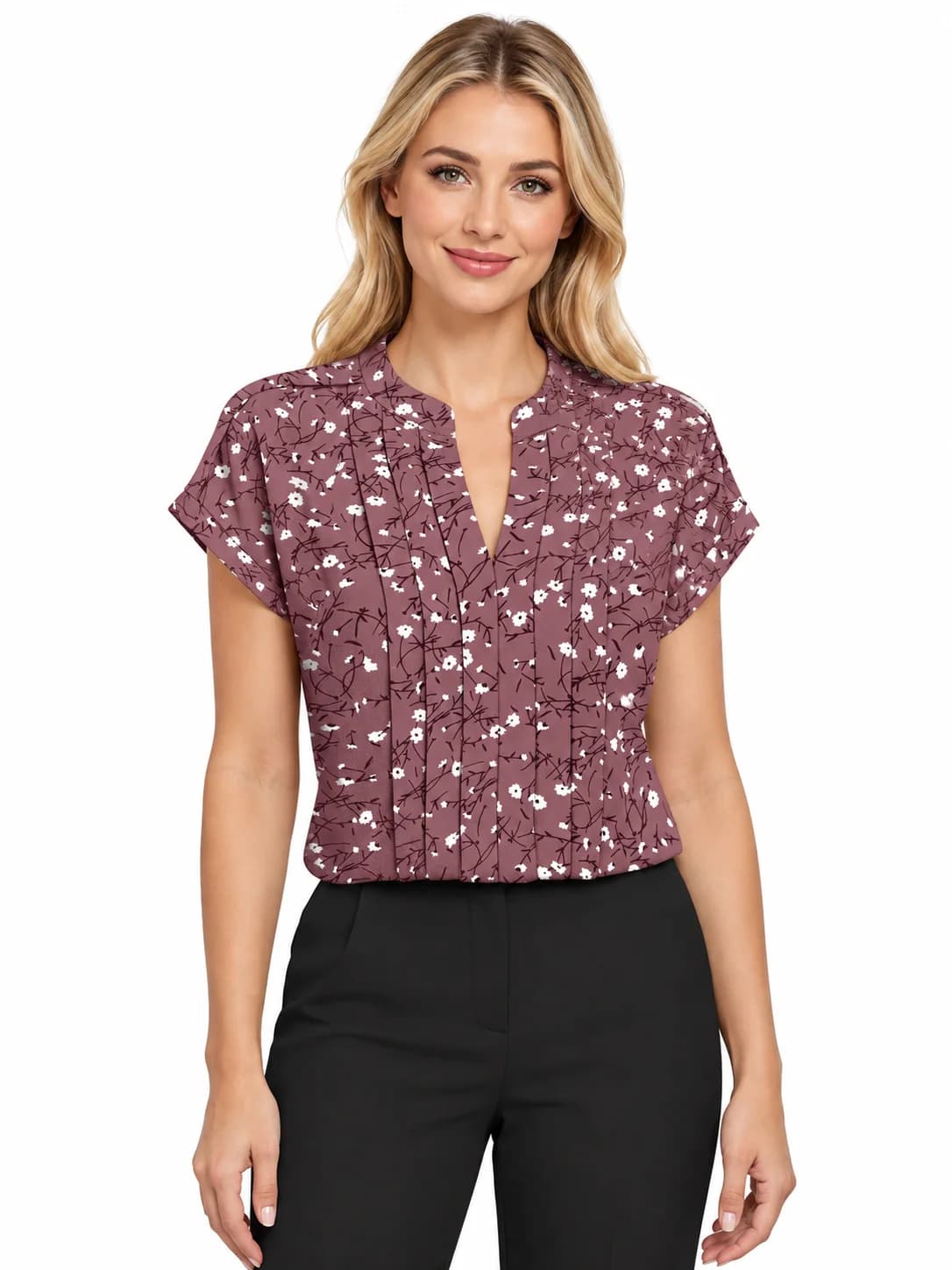 LICOLA Women's Floral Print V-Neck Regular Fit Half Sleeve Top