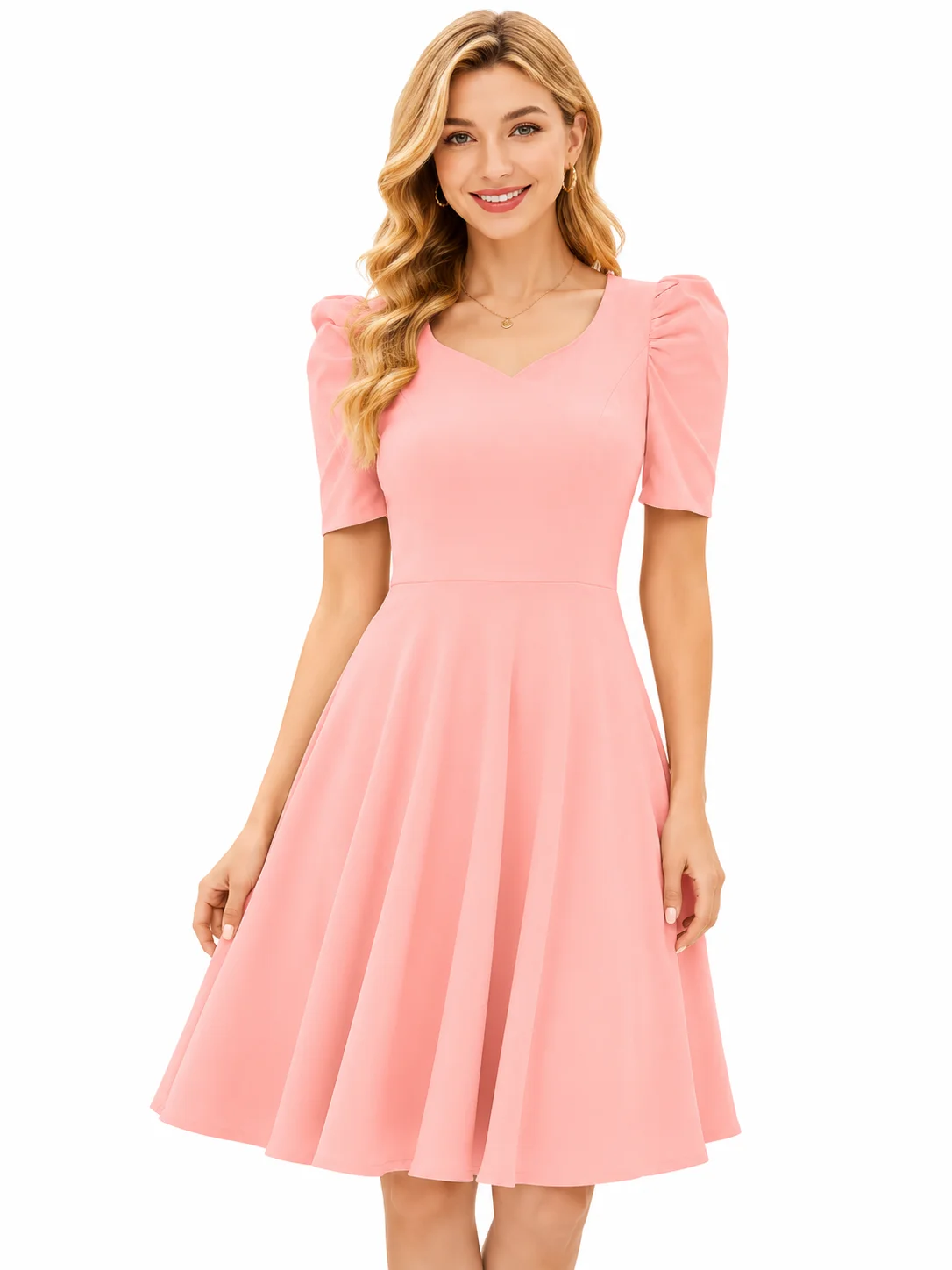 LICOLA Women's Fit & Flare Knee Length Dress | Stretchable Knitted Fabric | V-Neck | Cap Sleeve | Solid Casual & Party Dress